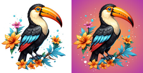 Toucan Summer Tropical T-shirt Design with Flowers.