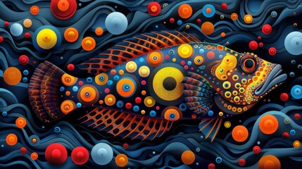  A painting of a fish on a blue background with colorful circles on its body