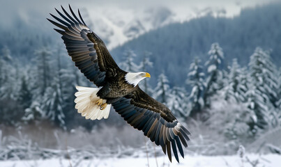 Bald Eagle in flight soaring in mid-air