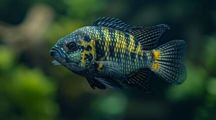  A close-up of a fish in water, surrounded by trees and a blurred sky