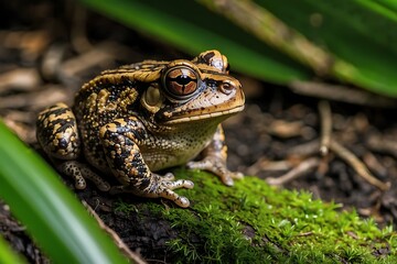 Obraz premium Captivating toad on mossy forest floor with striking eyes. Generative AI