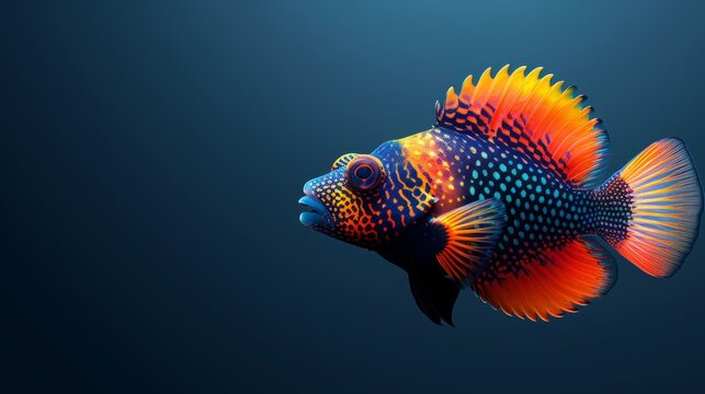  Colorful fish, dark blue background, reflection