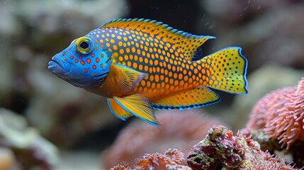  A macro shot of a brilliant blue and sunny yellow fish hovering above vibrant coral, surrounded by a mosaic of underwater ecosystems