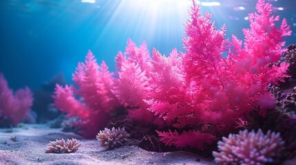  An image of sunlight filtering through vibrant corals and lush seaweed at the base of a picturesque coral reef