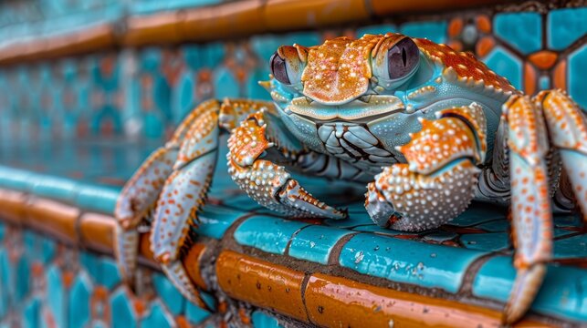  A detailed image of a crab, captured closely, resting against a wall adorned with blue and orange tiles, featuring orange and white polka dots