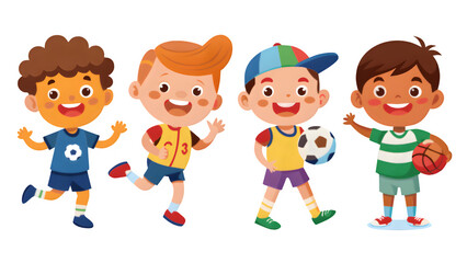 Obraz na płótnie Canvas Set of 4 kids Cartoon illustration having fun playing soccer and football with a ball, isolated, transparent background
