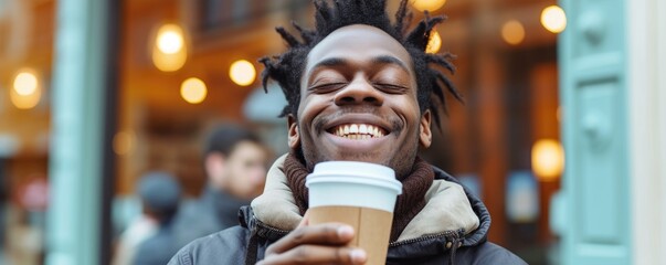 Happy man with eyes closed and smell takeaway coffee outdoor. banner. - obrazy, fototapety, plakaty