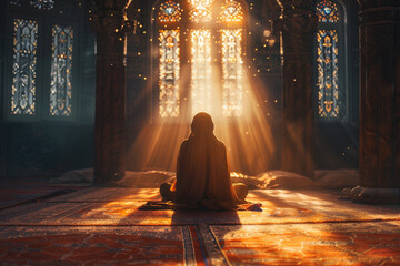 portrait of a Muslim woman sitting in a church under the rays of the sun and praying view from the back, Eid al-Adha holiday