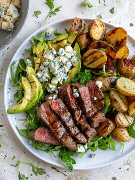 Salad of blue cheese and avocado, with a side dish of grilled steak and baked potatoes