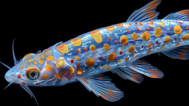  A close-up image of a fish with orange and blue spots on its body against a black background