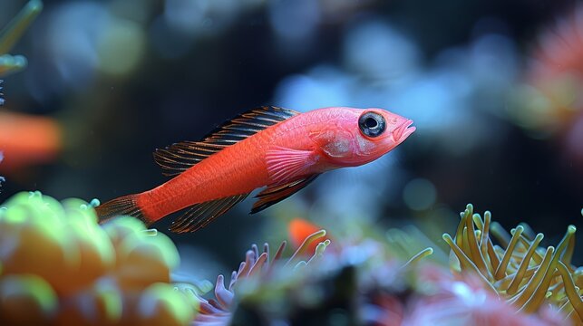 A close-up photograph of a fish swimming amidst coral reefs and clear blue water in a well-lit aquarium
