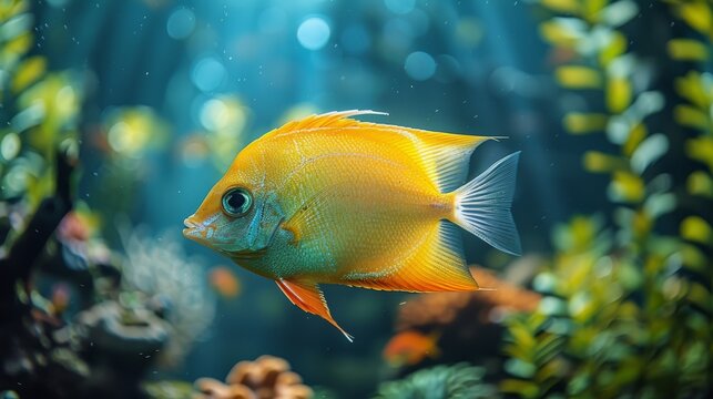  A detailed image of a fish in an aquarium with greenery and other elements reflected in the water
