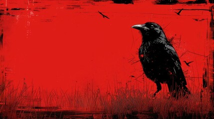 Obraz premium A black bird atop a grassy field, beneath a red sky, amidst flying birds