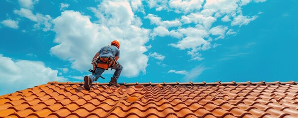 Roofing tiles installation in process. Contruction worker doing tiles on new house
