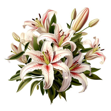 A bouquet of white and pink lilies, with green leaves at the base, on an isolated background. The flowers have long stamens that form delicate petals in shades, generative ai