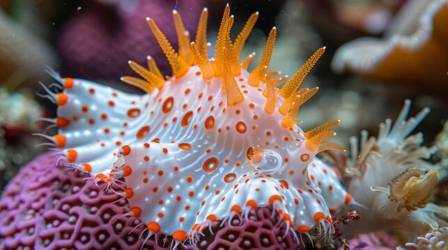  A macro photo of an orange-white speckled sea anemone
