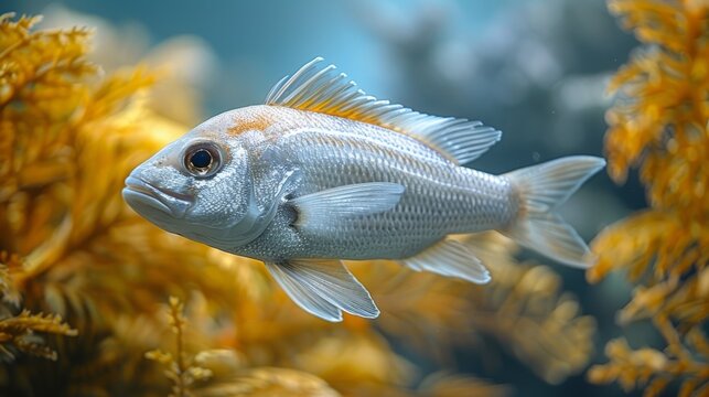  A close-up photo of a fish in an aquarium surrounded by greenery and a clear blue backdrop