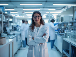 Serious young female scientist in research lab with equipment