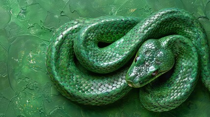  A green snake coiled atop a leafy surface, dotted with water droplets on its head - obrazy, fototapety, plakaty
