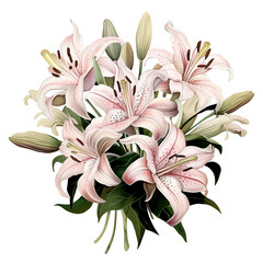 A bouquet of white and pink lilies, with green leaves at the base, on an isolated background. The flowers have long stamens that form delicate petals in shades, generative ai