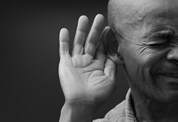 Fototapeta premium people suffering from deafness and hearing loss on grey background with people stock image stock photo 