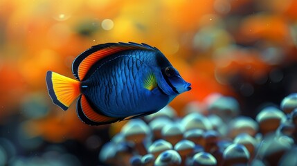  A tight shot of a blue-yellow fish amidst corals and water