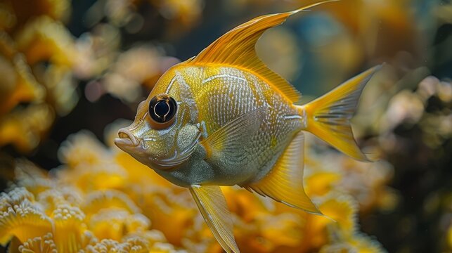  A focused image of a fish in an aquarium surrounded by yellow flowers against a blurred background
