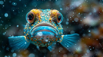   a blue-yellow fish, with water bubbles on its face and a blurred background