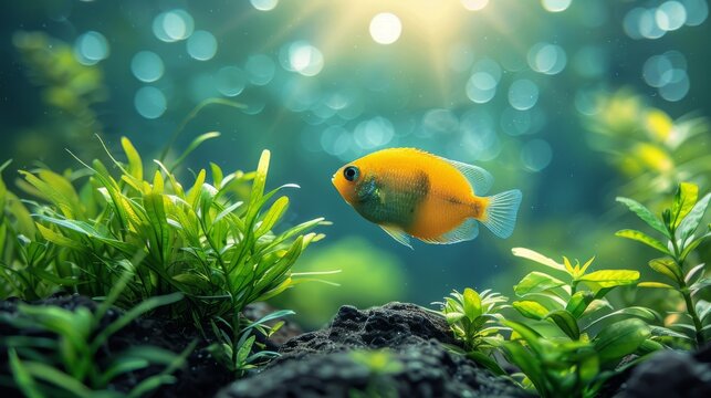  A photo shows a fish in a fish tank, surrounded by plants and under a bright sun