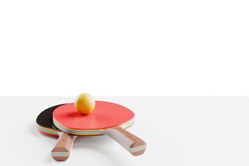 On the table are two rackets for table tennis, ping pong and a ball. 3D rendering
