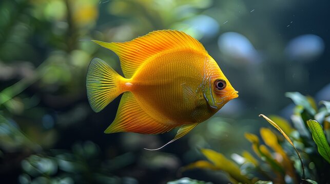  A close-up photo of a fish in an aquarium with plants in the foreground and a blue backdrop