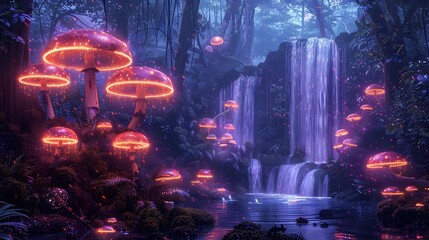 Enchanting Glowing Mushroom Forest Waterfall Landscape Dreamscape