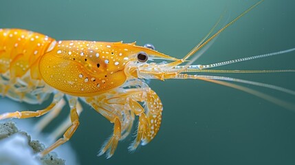  Close-up photo of yellow crustacean with water droplets on its body & head against blue backdrop