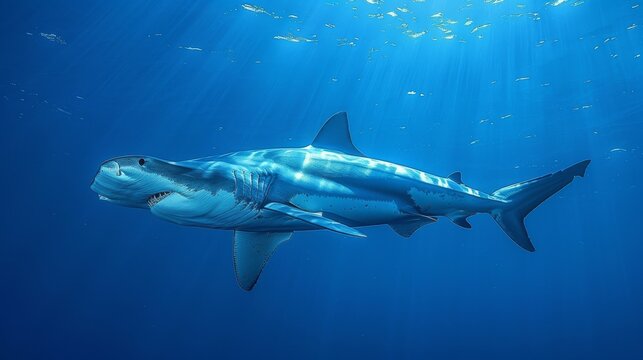  A Great White Shark swims in a Blue Ocean with Sunlight streaming through Water