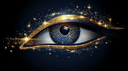 Fotobehang  A detailed image portraying a blue eye with radiant gold specks surrounding both the external and internal irises © Jevjenijs