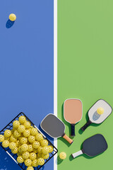Pickleball rackets basket balls on the court. Top view 3d rendering