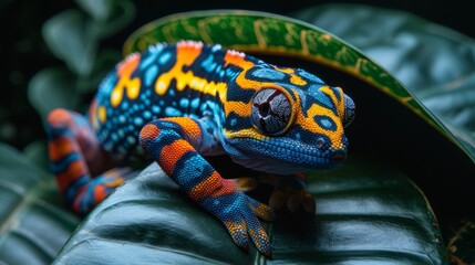  A vividly hued gecko perched on a lush green leaf adorned with blue, yellow, and orange tones