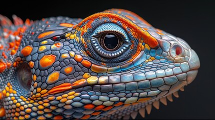  A detailed close-up of a vibrant lizard's eye, featuring distinct orange, blue, and yellow markings on its body