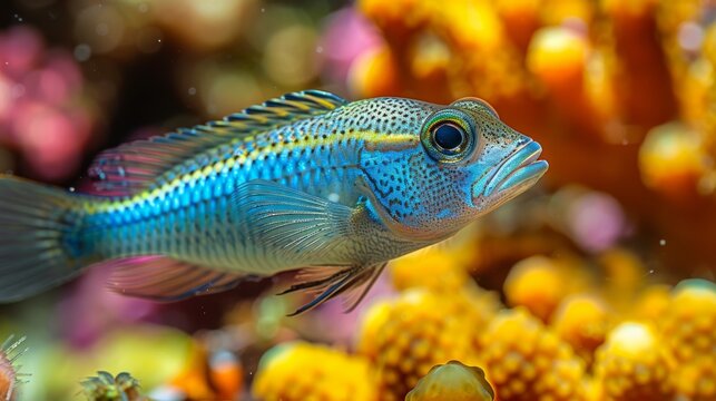  detailed image of a blue and yellow fish swimming among vibrant corals and colorful flowers in the background