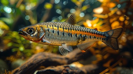  Close-up photo of a fish swimming in a watery environment surrounded by vegetation and boulders, with small water bubbles visible in the foreground