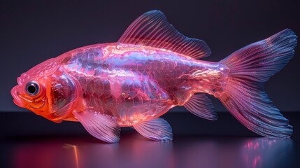  A macro shot of a golden fish on a dark background with a crimson spotlight illuminating its flank