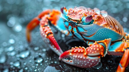  A close-up of a blue and orange crab on a black background with water droplets on its shell - obrazy, fototapety, plakaty