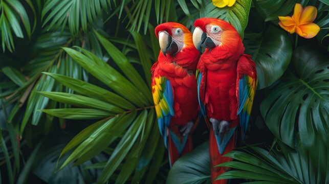  Two red and yellow parrots stand together in front of green leaves and yellow flowers