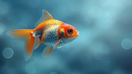 Fotobehang  A high-resolution, focused image of a goldfish on a solid blue background © Jevjenijs