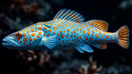  A photo of a colorful fish, specifically a blue and orange species, with distinct orange spots on its body against a dark backdrop