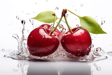 Two fresh cherries with a water splash isolate

