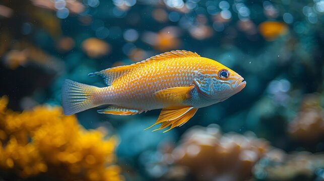  A close-up photo of a fish in an aquarium, surrounded by vibrant coral and diverse marine life