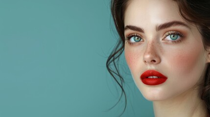  A photo of a woman with red lips against a blue background