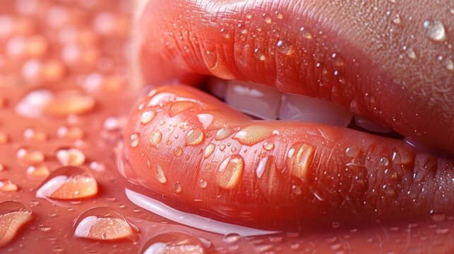  A close-up image of a person's lips with droplets of water on their lips and lip