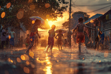 Adults and children happily playing with the water in the streets of Bangkok, Chiang Mai. Songkran, Water Splashings, Sunset and Temples. 